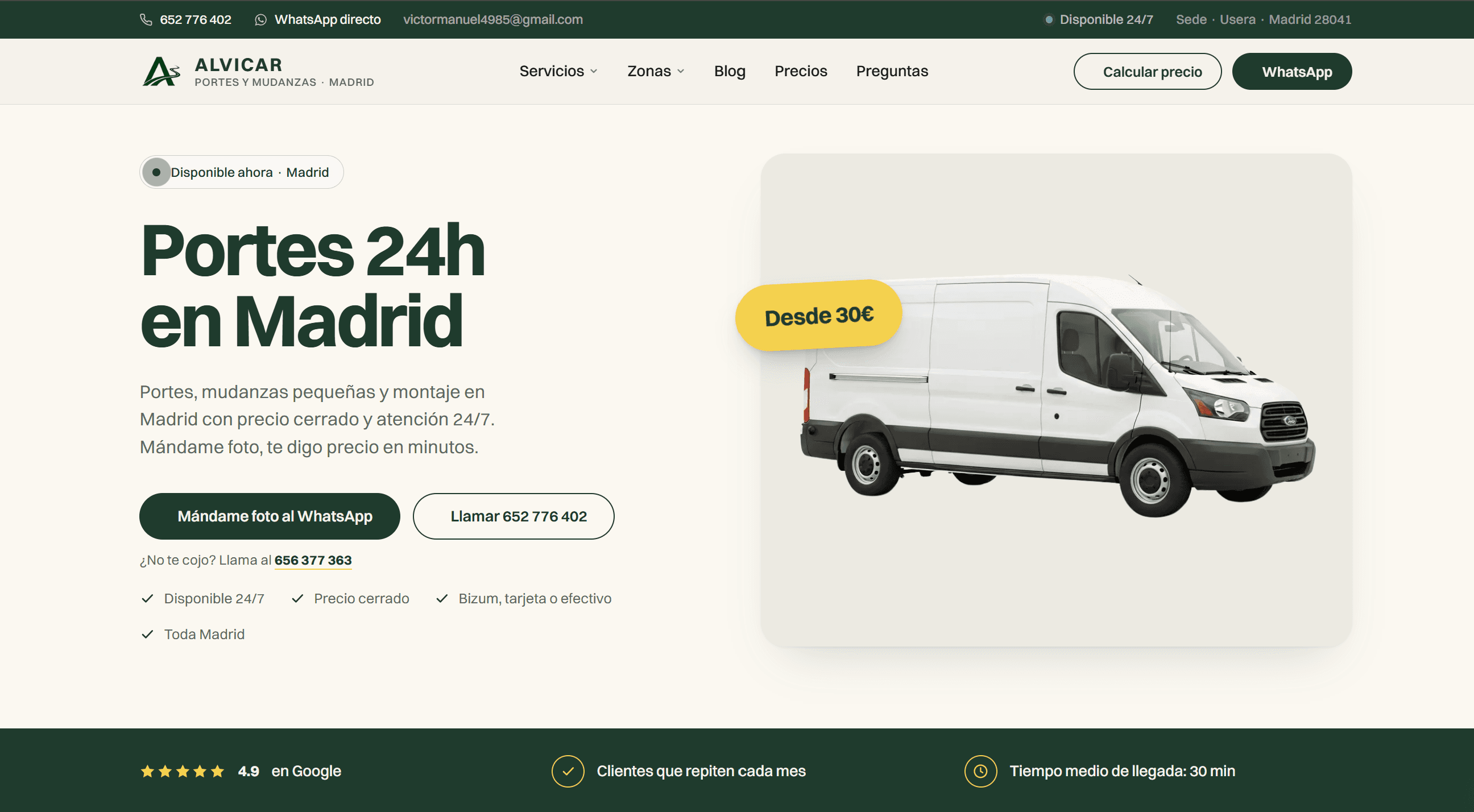 Alvicar — web de portes y mudanzas 24/7 en Madrid con precio cerrado, diseñada por AIDE Studio