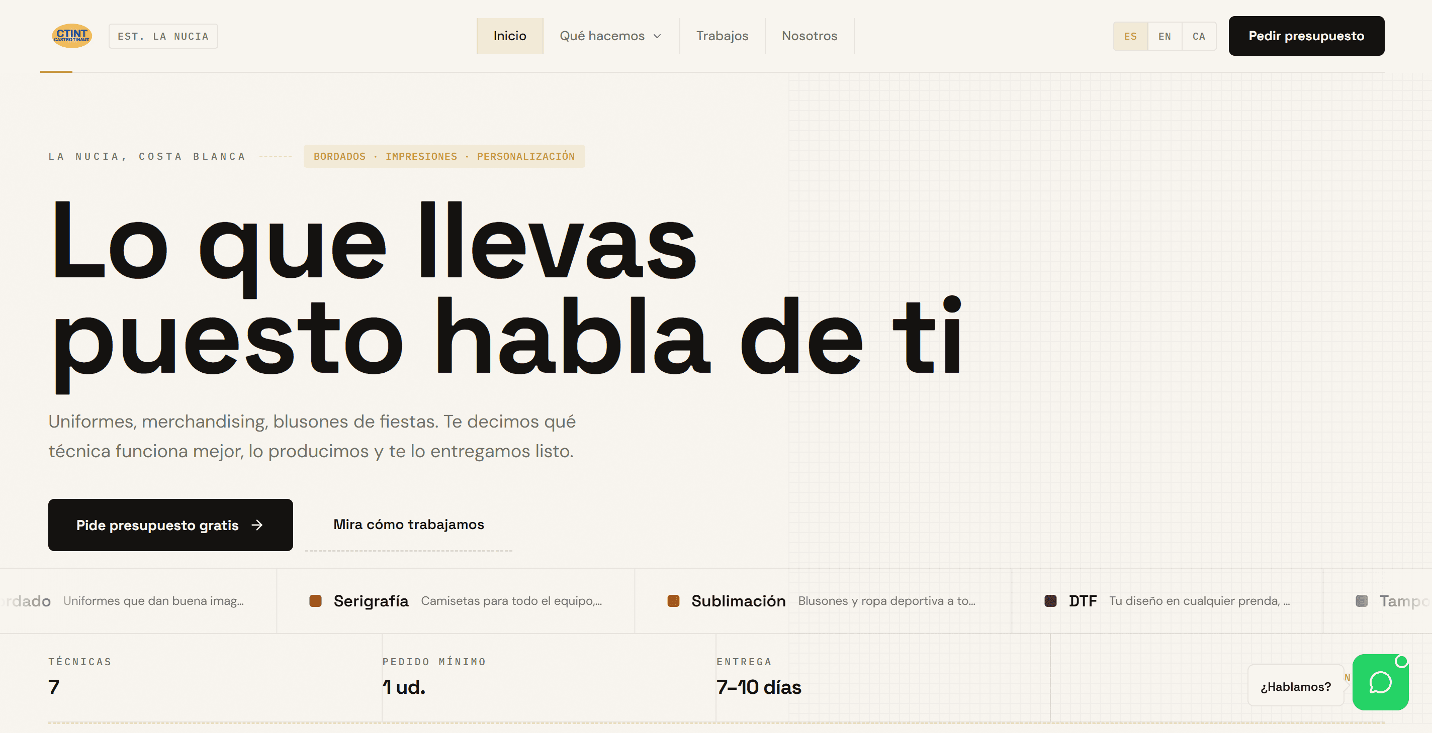 CTINT — web corporativa multilingüe para taller de personalización textil en Alicante, diseñada por AIDE Studio