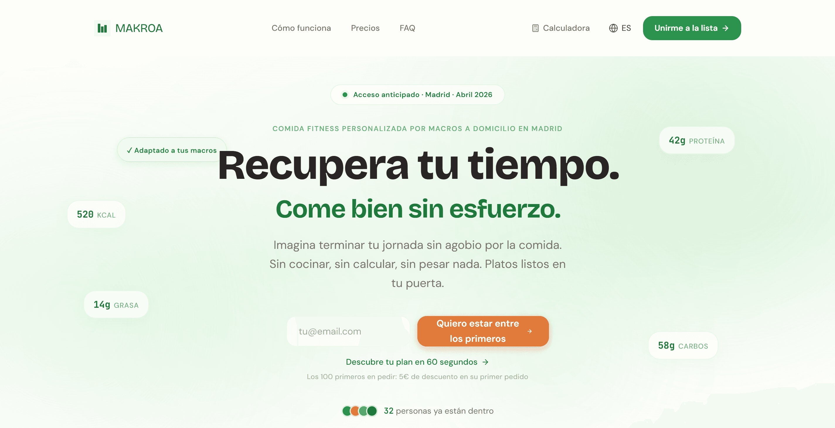 Makroa — landing page de meal delivery por macros en Madrid con calculadora de macronutrientes, diseñada por AIDE Studio
