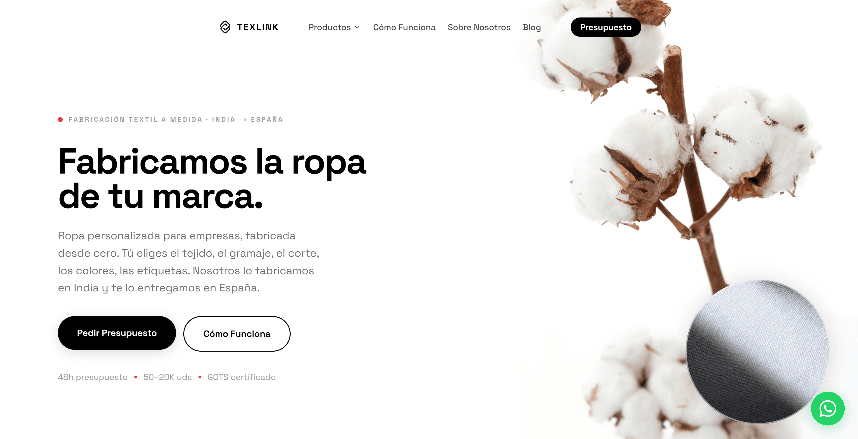 Texlink — e-commerce B2B de fabricación textil a medida India-España, diseñada por AIDE Studio