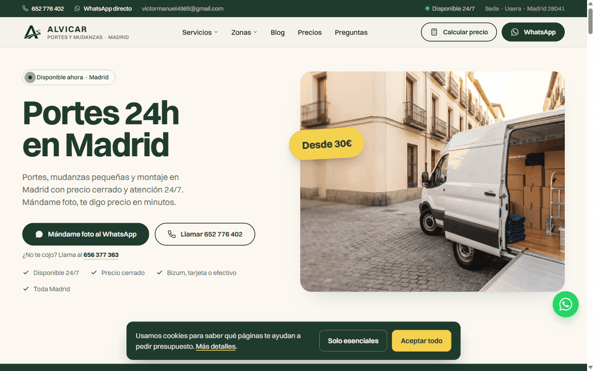 Web de Alvicar — portes y mudanzas en Madrid, diseñada por AIDE Studio.