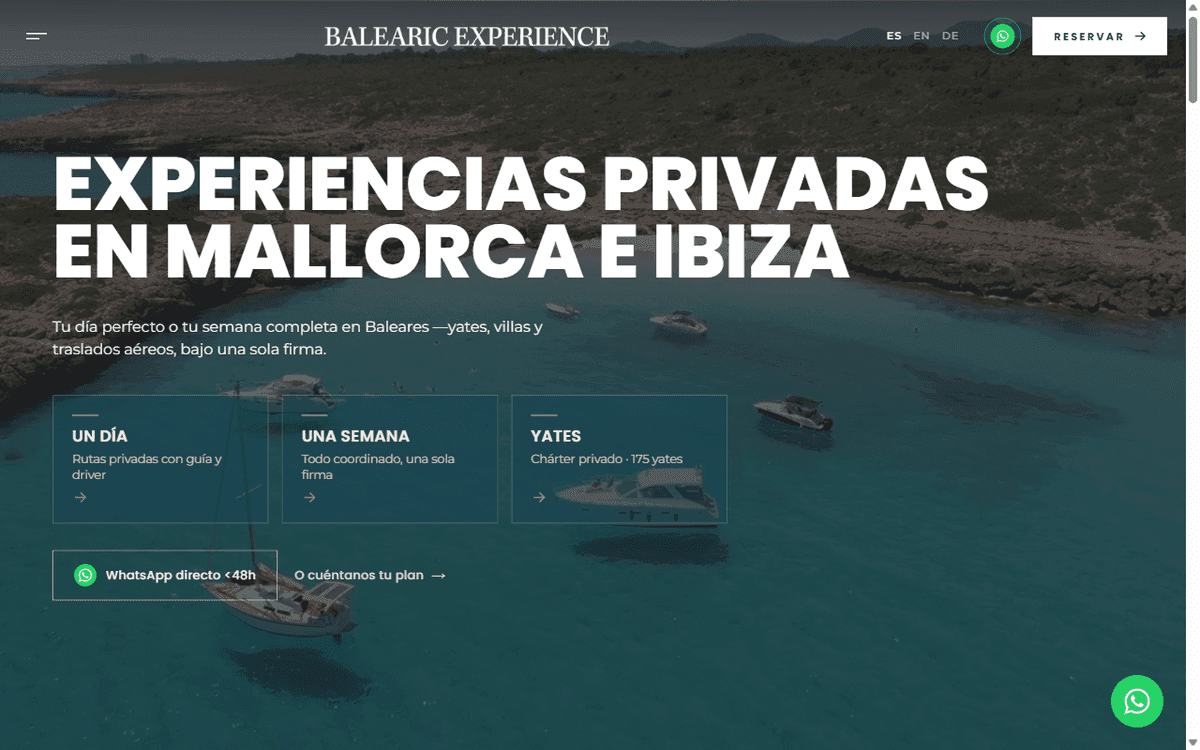Web de Balearic Experience — concierge y chárter de lujo en Mallorca, diseñada por AIDE Studio.