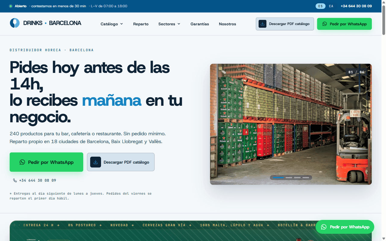 Web de Drinks Barcelona — distribución de bebidas B2B para hostelería, diseñada por AIDE Studio.