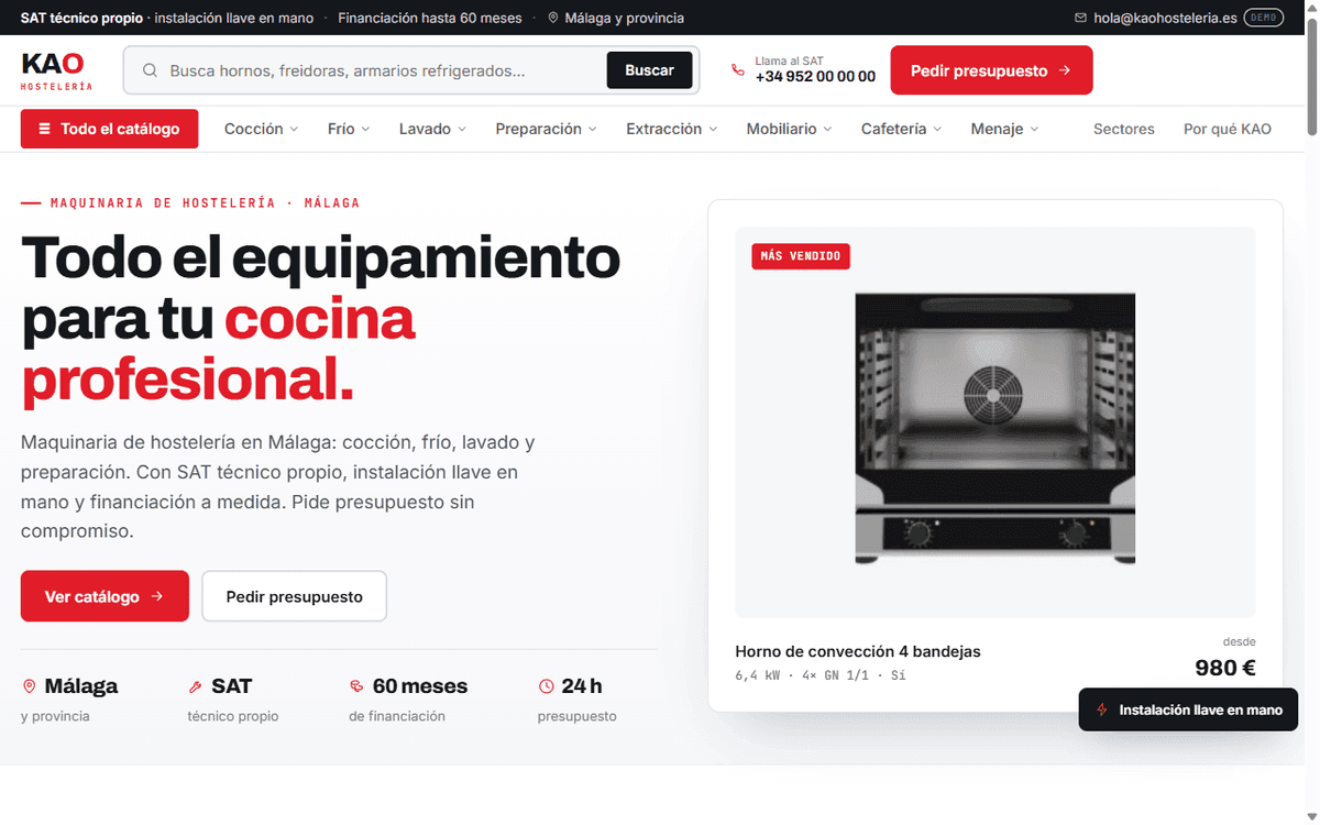 Web de KAO Hostelería — maquinaria de hostelería en Málaga, diseñada por AIDE Studio.