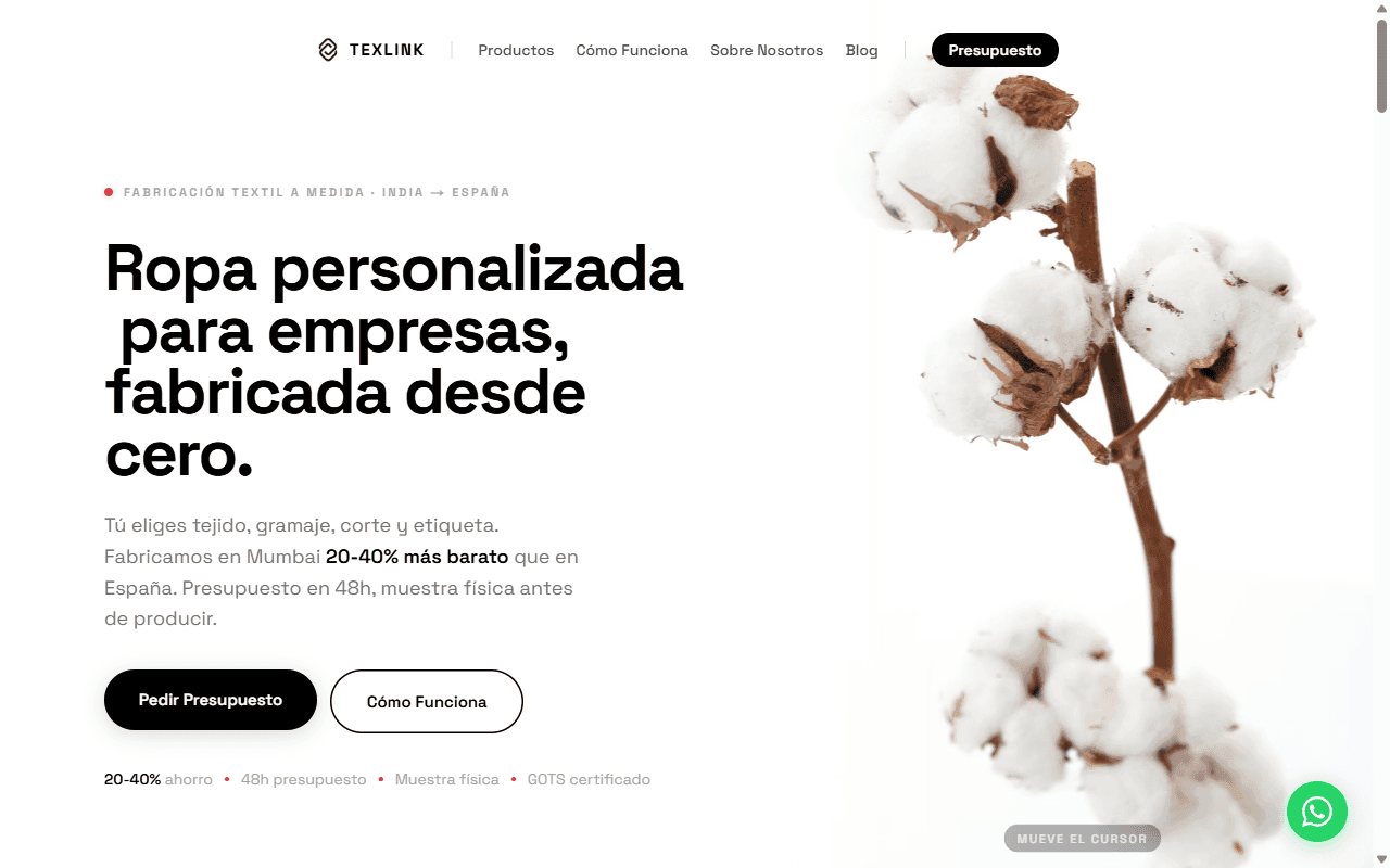 Web de Texlink — ropa personalizada para empresas, diseñada por AIDE Studio.